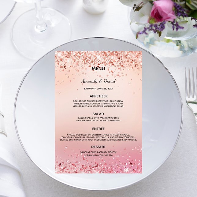 Carte de menu de mariage rose gold rose confetti (Créateur téléchargé)
