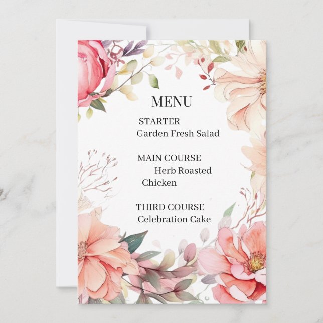 Carte de Menu de Mariage Rose Romantique (Devant)