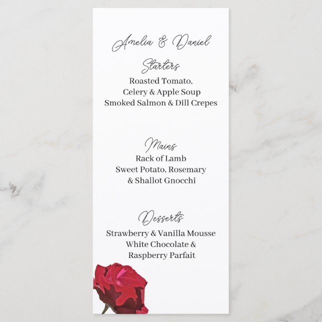 Carte de menu de mariage Rose Rouge (Devant)