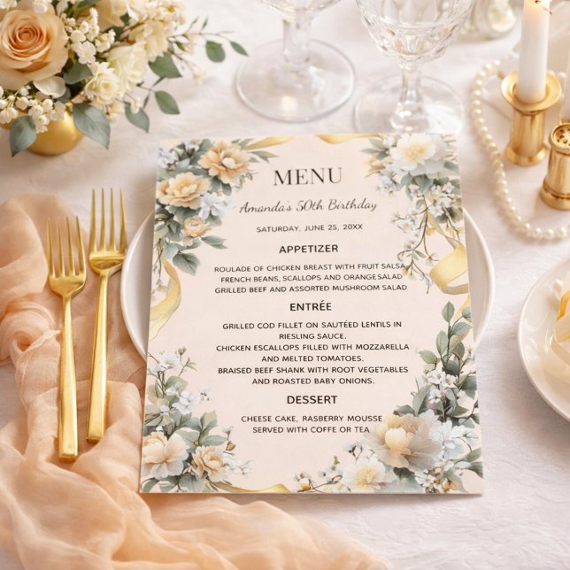 Carte de menu de mariage ruban floral jaune doré (Créateur téléchargé)