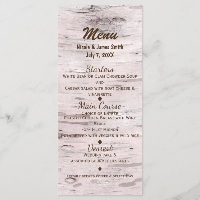 Carte de menu de mariage rustique en forme d'arbre (Devant)