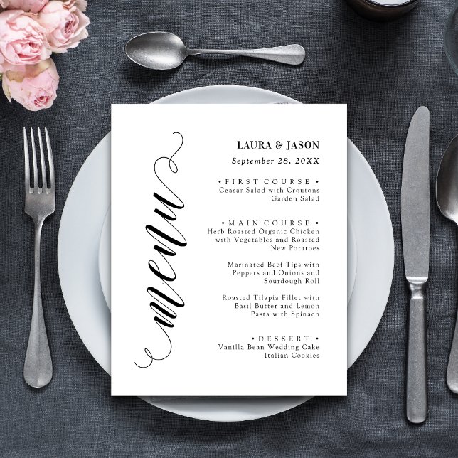 Carte de Menu de Mariage Script Élégant et Fancy p (Fancy script wedding menu card adds elegant charm to each place setting.)