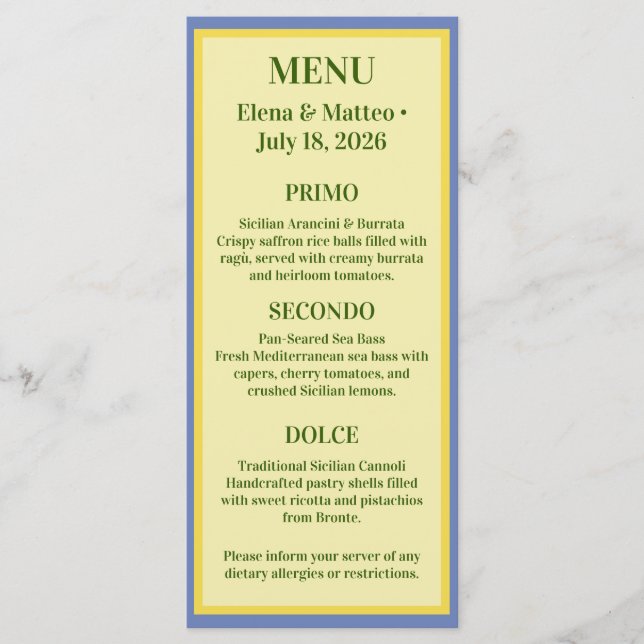 Carte de Menu de Mariage Sicilien Tuile & Citron (Devant)