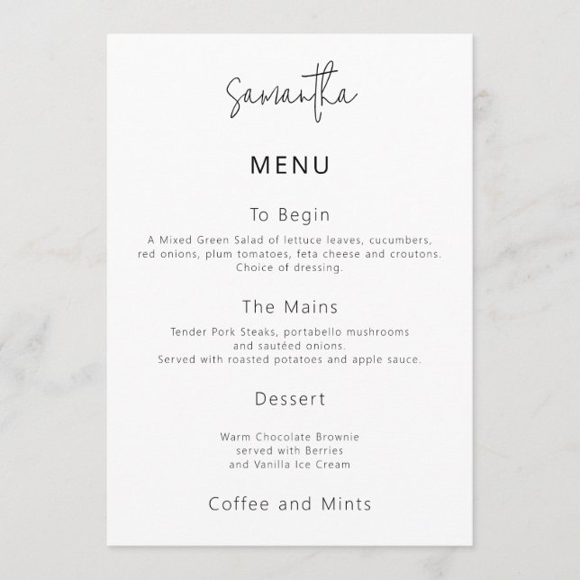 Carte de menu de mariage simple avec nom de l'invi (Devant)
