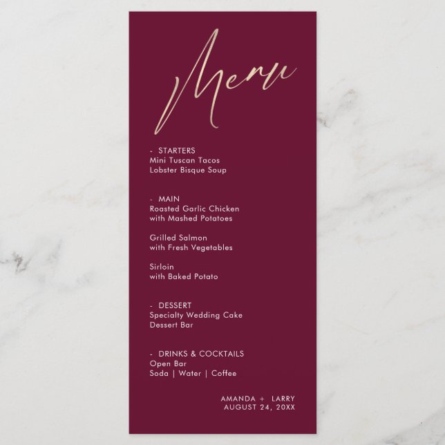 Carte de menu de mariage simple et moderne vin et  (Devant)