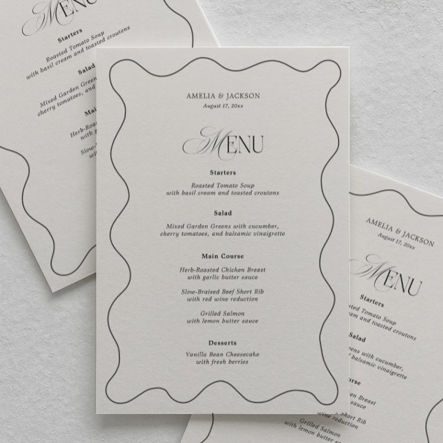 Carte de Menu de Mariage Simple Ondulée Noir et Iv (Créateur téléchargé)