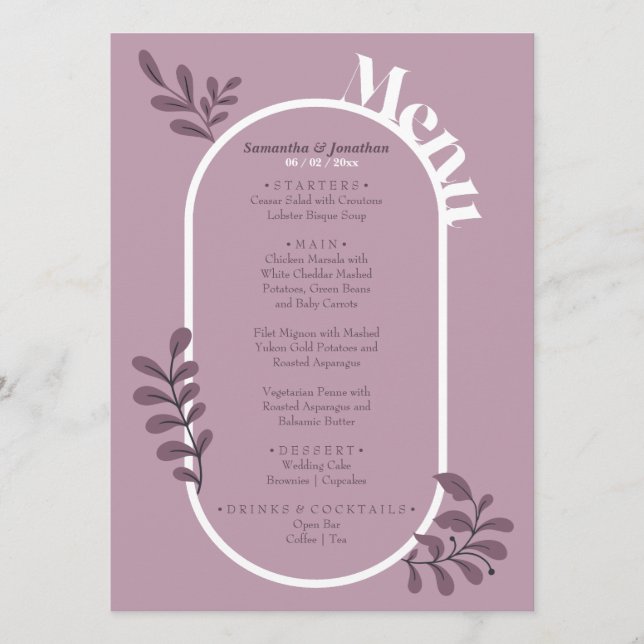 Carte de menu de mariage simple rose (Devant)
