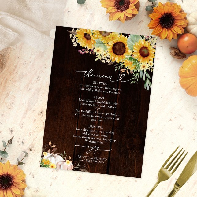 Carte de menu de mariage tournesol citrouille Bour (Créateur téléchargé)