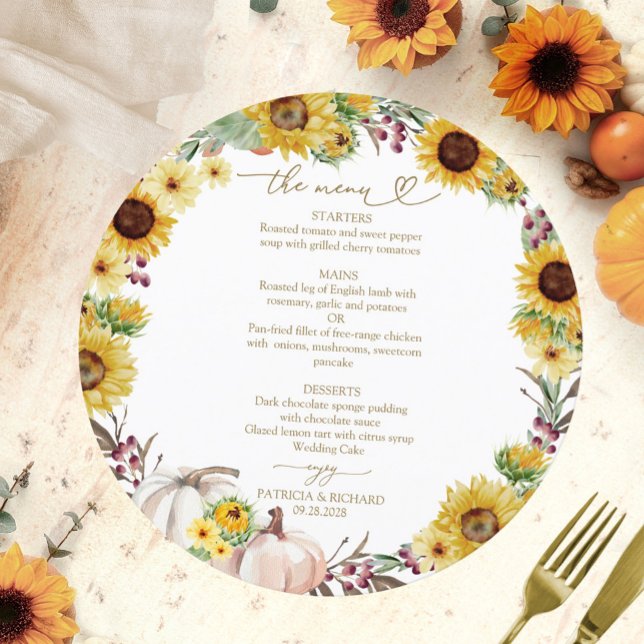 Carte de menu de mariage Tournesol Citrouille Cerc (Créateur téléchargé)