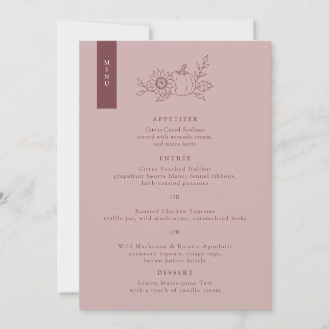 Carte de menu de mariage tournesol citrouille rose (Devant)