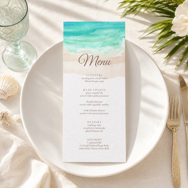 Carte de menu de mariage tropical à l'aquarelle su (Watercolor Tropical Beach Wedding Menu Card)