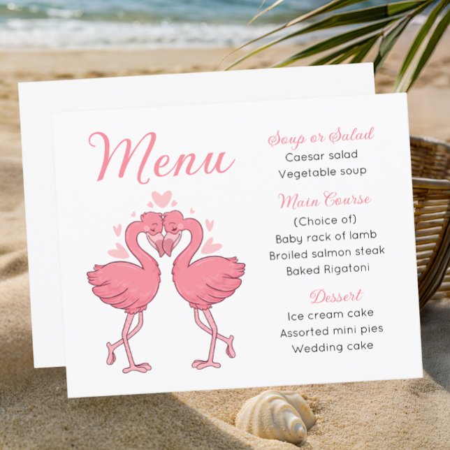 Carte de menu de mariage tropical aux flamants ros (Créateur téléchargé)