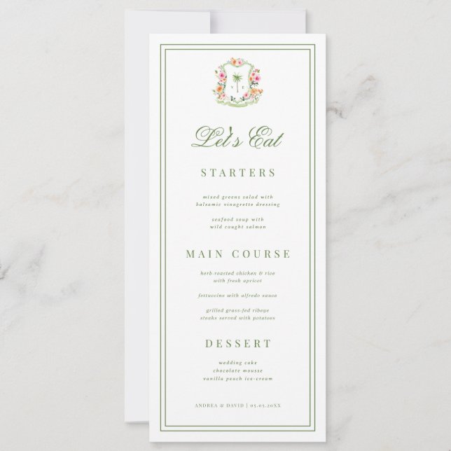 Carte de menu de mariage tropical avec monogramme  (Devant)