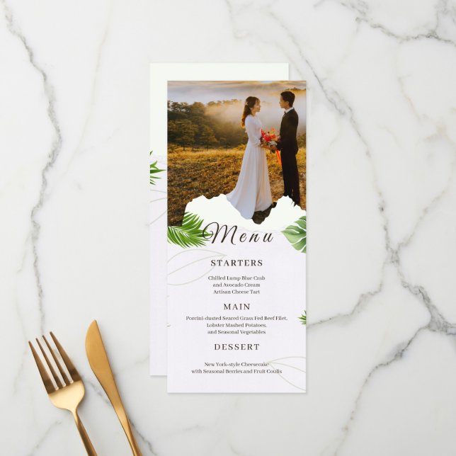 Carte de Menu de Mariage Tropical Romantique (Devant/Arrière en situation)