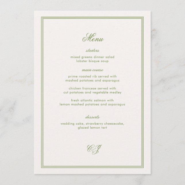 Carte de menu de mariage vert argent ancien (Devant)