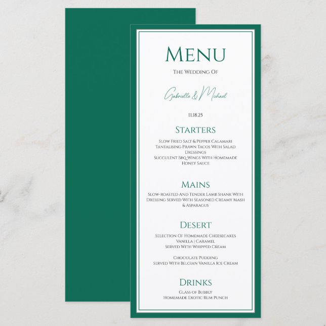 Carte de Menu de Mariage Vert Émeraude Élégante (Devant / Derrière)