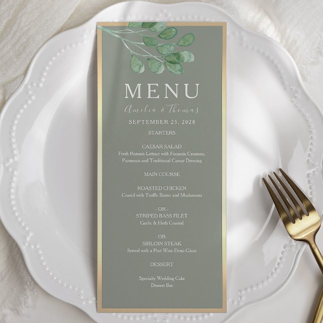 Carte de menu de mariage vert eucalyptus rustique (Créateur téléchargé)