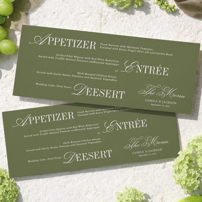 Carte de Menu de Mariage Vert Olive Ancien Argent (Créateur téléchargé)