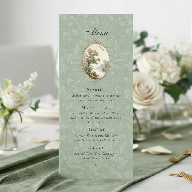 Carte de Menu de Mariage Vert Sage Pastoral França (Créateur téléchargé)