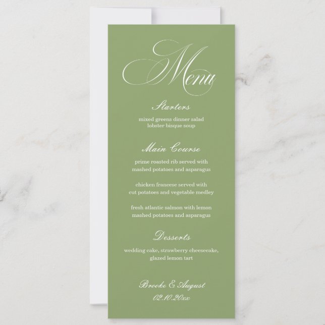 Carte de Menu de Mariage Vert Sauge (Devant)