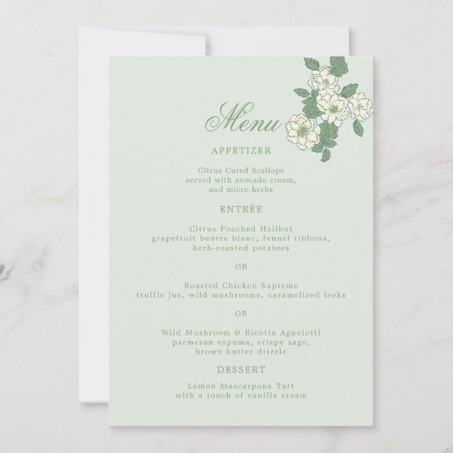 Carte de menu de mariage vert sauge 5x7 (Devant)