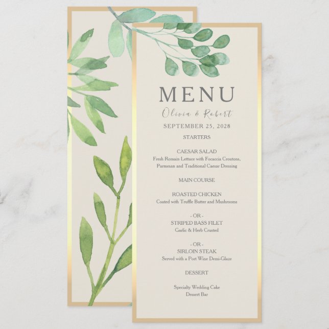 Carte de menu de mariage Verture Or (Devant / Derrière)