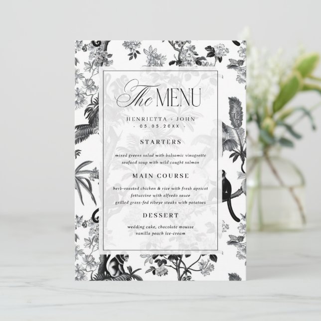 Carte de menu de mariage vintage tropical chinoisa (Debout devant)