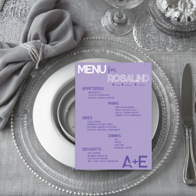 Carte de menu de mariage violet et argent avec nom (Créateur téléchargé)