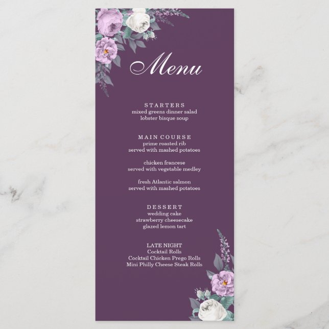 Carte de menu de mariage violet foncé (Devant)