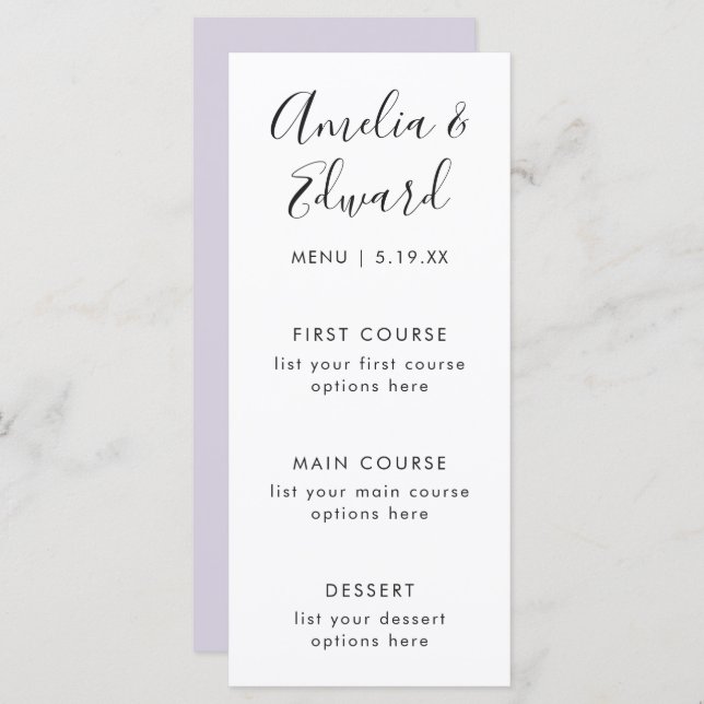 Carte de menu de Mariage violet gracieux (Devant / Derrière)