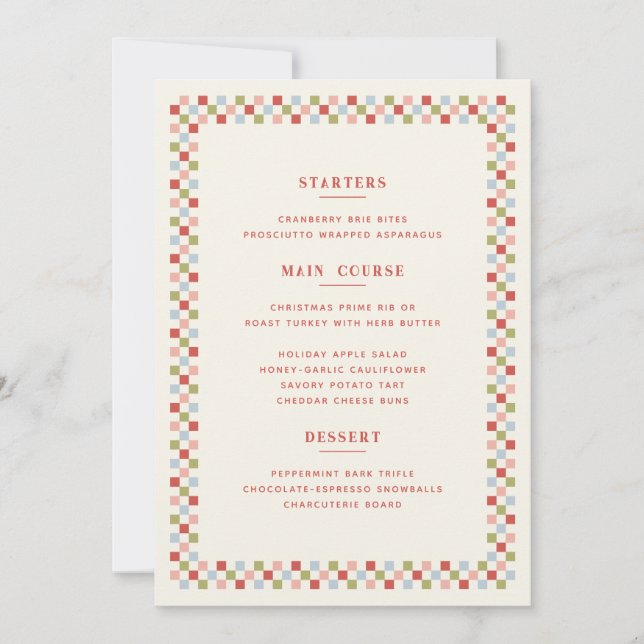 Carte de menu de Noël à damier - Rouge (Devant)