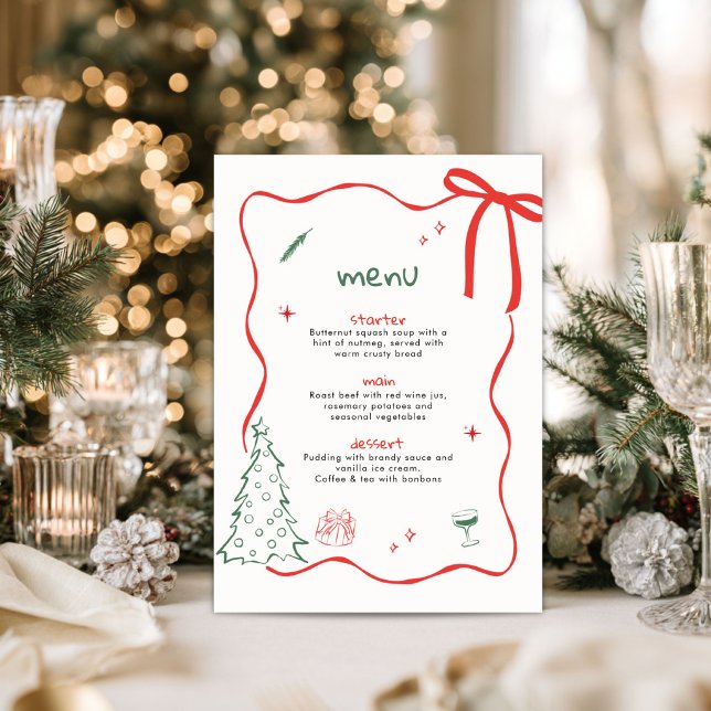 Carte de menu de Noël dessinée à la main de manièr (Whimsical hand drawn Christmas dinner party invitation)