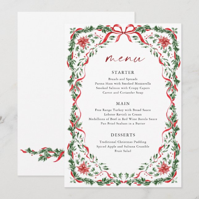 Carte de menu de Noël imprimable avec un ruban rou (Devant / Derrière)