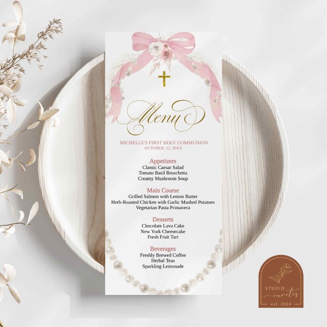 Carte de menu de première communion bohème rose pe (Créateur téléchargé)