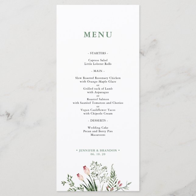 Carte de menu de réception de mariage à l'aquarell (Devant)