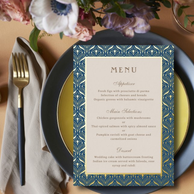 Carte de menu de réception de mariage Art Déco en  (art deco gold foil wedding reception dinner menu cards, indian hindu wedding, sangeet mehndi menu)