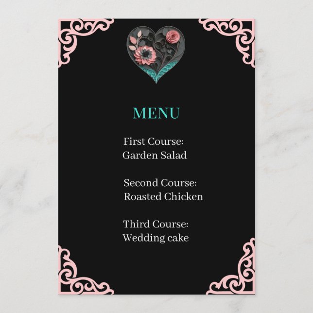 Carte de Menu de Réception de Mariage – Cœur en Qu (Devant)