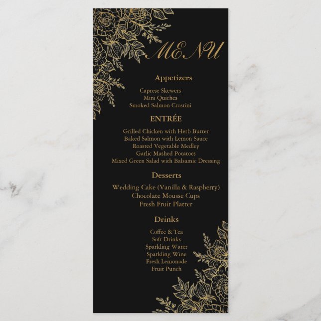 Carte de menu de réception de mariage floral or no (Devant)