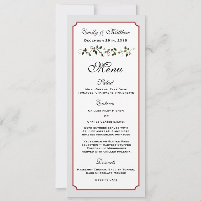 Carte de menu de réception de mariage pour les fêt (Devant)