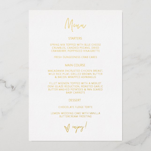 Carte de menu de réception en feuille d'or Mariage (Recto)