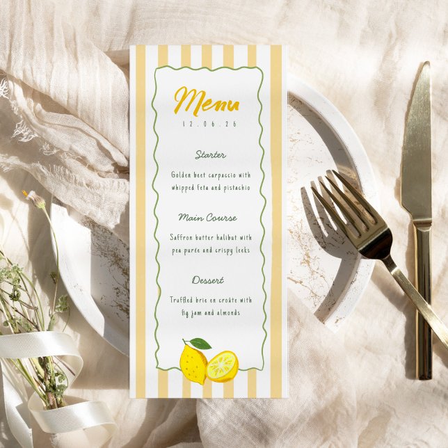 Carte de menu de remise de diplôme au citron rayur (Lemon Graduation Menu Card Yellow Stripe Citrus)
