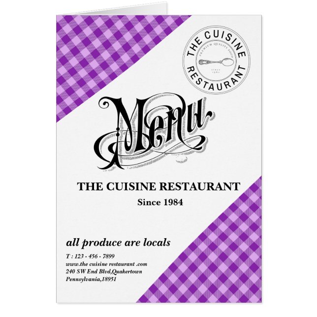 Carte de menu de restaurant à carreaux violet pers (Devant)