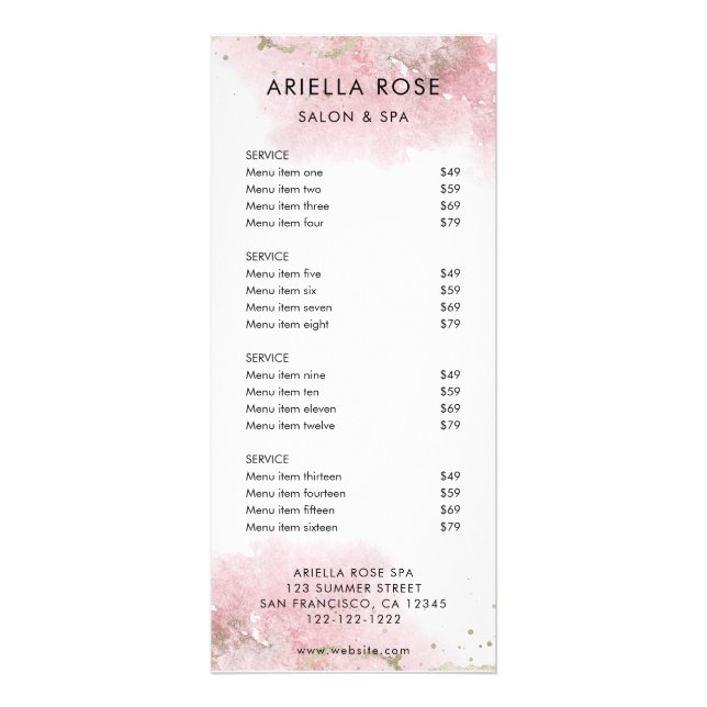 Carte de menu de services de salon en or rose (Devant)