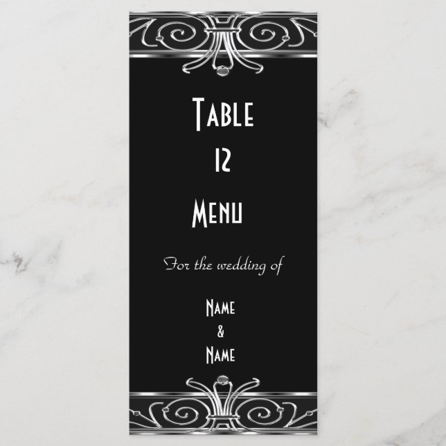 Carte de Menu de Table Élégant Noir Argent Art Déc (Devant)