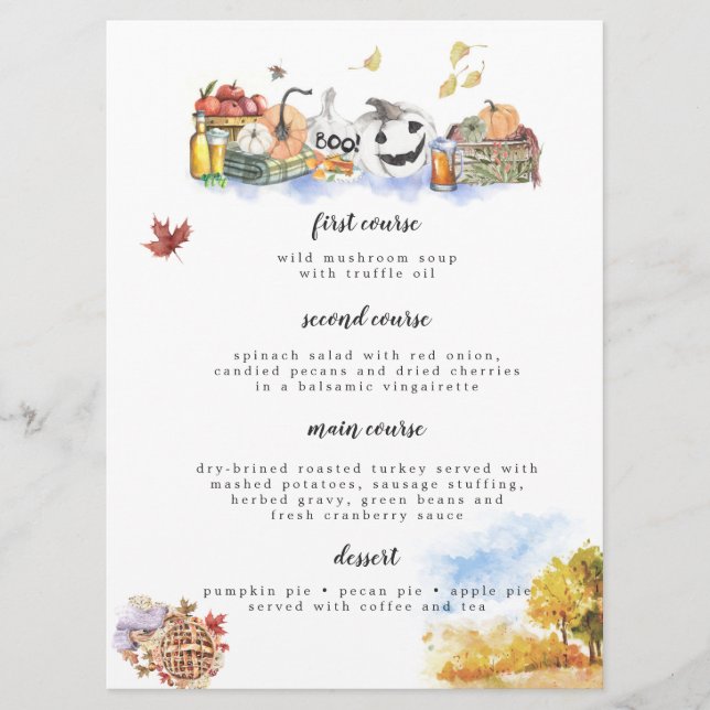 Carte de menu de Thanksgiving à l'aquarelle rustiq (Devant)