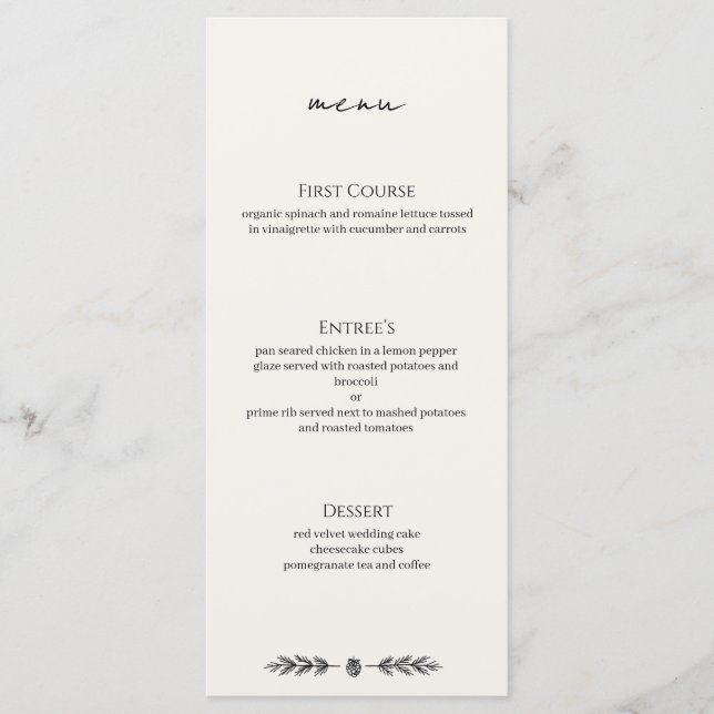 Carte de menu d'entrée pour événement de mariage h (Devant)