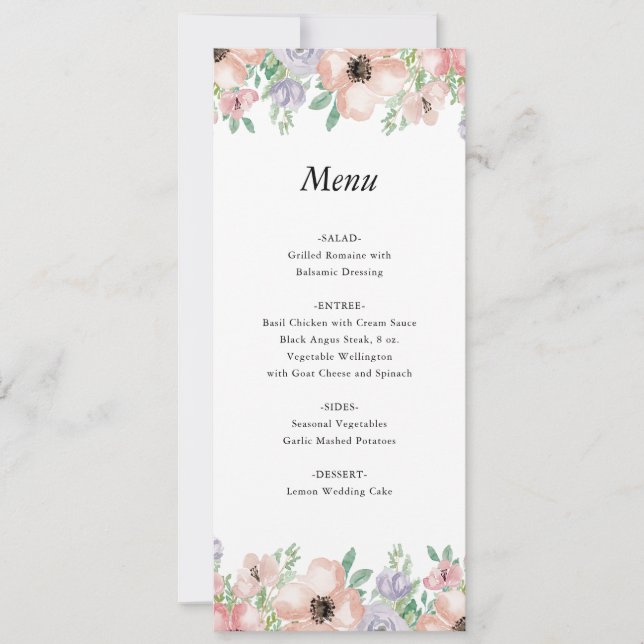 Carte de menu d'événement floral pastel élégant (Devant)
