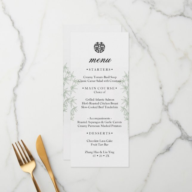Carte de menu Double Bonheur en bambou pour mariag (Devant/Arrière en situation)