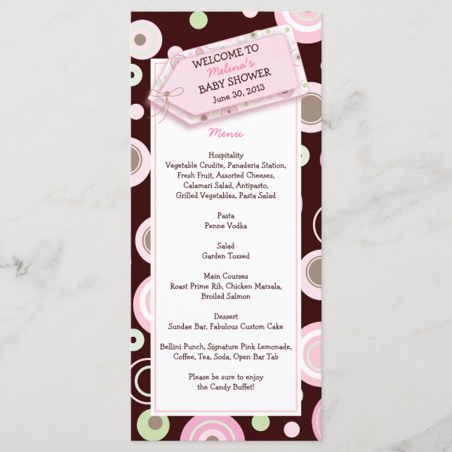 Carte de menu du Baby shower de points roses heure (Devant)