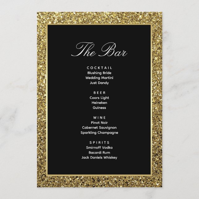 Carte de Menu du Bar de Boissons de Mariage Noir e (Devant)